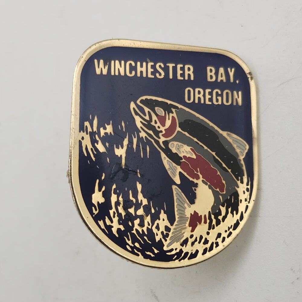 Winchester Bay Oregon Fish Enamel Lapel Pin Coastal Fishing Travel Souvenir USA